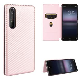 For Sony Xperia 1 II Carbon Fiber Texture Horizontal Flip TPU + PC + PU Leather Case with Card Slot(Pink)