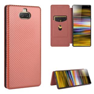 For Sony Xperia 10 Carbon Fiber Texture Horizontal Flip TPU + PC + PU Leather Case with Card Slot(Brown)