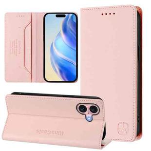 For iPhone 16 Plus RC01 Dual-Folded Magnetic Suction RFID Leather Phone Case(Pink)