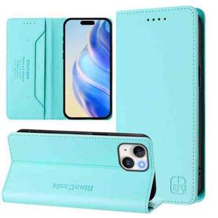 For iPhone 15 Plus RC01 Dual-Folded Magnetic Suction RFID Leather Phone Case(Mint Green)