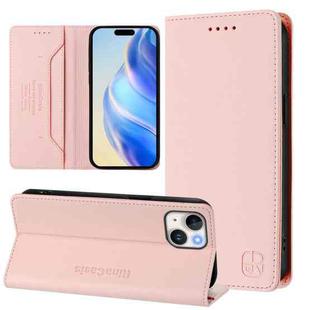 For iPhone 15 Plus RC01 Dual-Folded Magnetic Suction RFID Leather Phone Case(Pink)