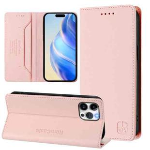 For iPhone 12 / 12 Pro RC01 Dual-Folded Magnetic Suction RFID Leather Phone Case(Pink)