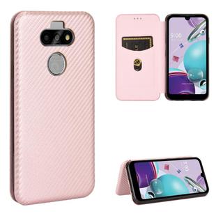 For LG K31 Carbon Fiber Texture Horizontal Flip TPU + PC + PU Leather Case with Card Slot(Pink)