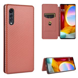For LG Velvet Carbon Fiber Texture Horizontal Flip TPU + PC + PU Leather Case with Card Slot(Brown)