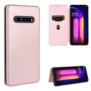 For LG V60 ThinQ 5G Carbon Fiber Texture Horizontal Flip TPU + PC + PU Leather Case with Card Slot(Pink)