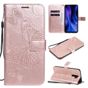 For Xiaomi Redmi 9 3D Butterflies Embossing Pattern Horizontal Flip Leather Case with Holder & Card Slot & Wallet & Lanyard(Rose Gold)