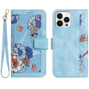 For iPhone 16 Pro Max Floral Pattern Leather Phone Case with Lanyard(Light Blue)