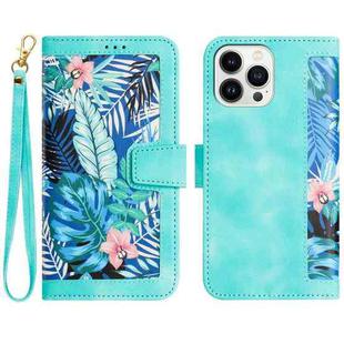 For iPhone 16 Pro Floral Pattern Leather Phone Case with Lanyard(Green)