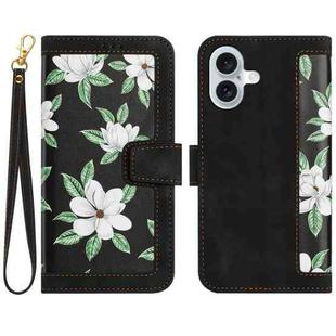 For iPhone 16 Plus Floral Pattern Leather Phone Case with Lanyard(Black)