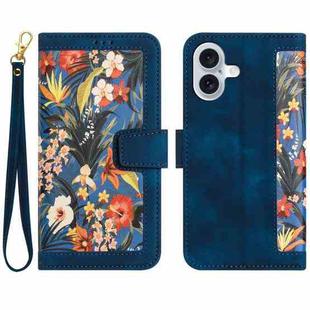 For iPhone 16 Plus Floral Pattern Leather Phone Case with Lanyard(Dark Blue)