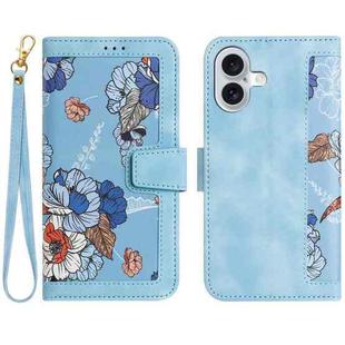 For iPhone 16 Floral Pattern Leather Phone Case with Lanyard(Light Blue)