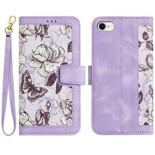 For iPhone SE 2024 Floral Pattern Leather Phone Case with Lanyard(Light Purple)