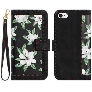 For iPhone SE 2024 Floral Pattern Leather Phone Case with Lanyard(Black)