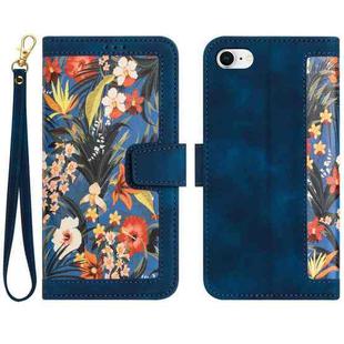 For iPhone SE 2024 Floral Pattern Leather Phone Case with Lanyard(Dark Blue)