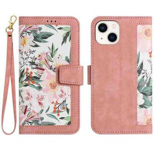 For iPhone 15 Plus Floral Pattern Leather Phone Case with Lanyard(Pink)