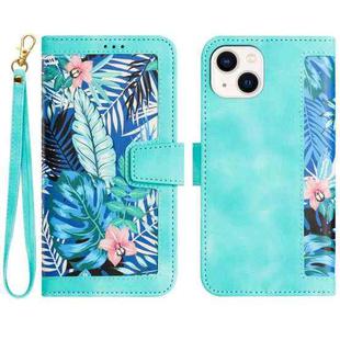 For iPhone 15 Floral Pattern Leather Phone Case with Lanyard(Green)