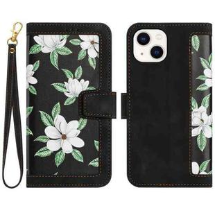 For iPhone 15 Floral Pattern Leather Phone Case with Lanyard(Black)