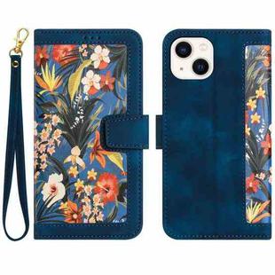 For iPhone 15 Floral Pattern Leather Phone Case with Lanyard(Dark Blue)