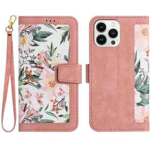 For iPhone 14 Pro Floral Pattern Leather Phone Case with Lanyard(Pink)