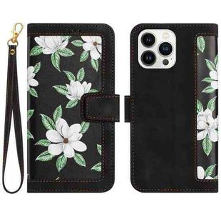 For iPhone 14 Pro Max Floral Pattern Leather Phone Case with Lanyard(Black)