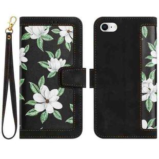 For iPhone SE 2022 / 2020 Floral Pattern Leather Phone Case with Lanyard(Black)