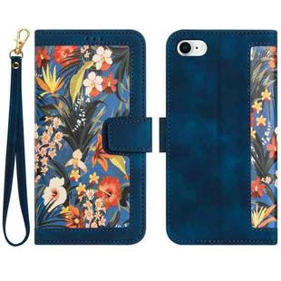 For iPhone SE 2022 / 2020 Floral Pattern Leather Phone Case with Lanyard(Dark Blue)