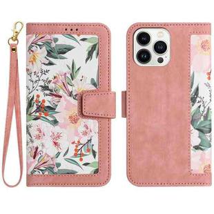 For iPhone 13 Pro Max Floral Pattern Leather Phone Case with Lanyard(Pink)