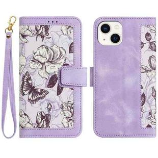 For iPhone 13 mini Floral Pattern Leather Phone Case with Lanyard(Light Purple)