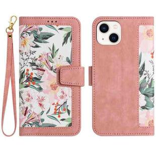 For iPhone 13 mini Floral Pattern Leather Phone Case with Lanyard(Pink)