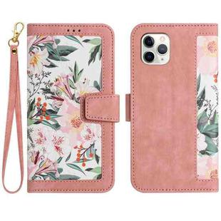 For iPhone 12 / 12 Pro Floral Pattern Leather Phone Case with Lanyard(Pink)