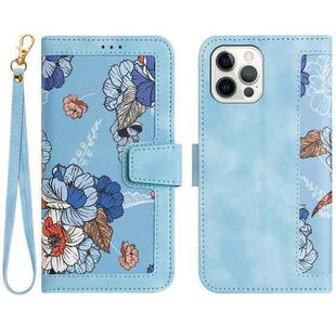 For iPhone 12 Pro Max Floral Pattern Leather Phone Case with Lanyard(Light Blue)