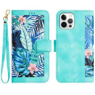 For iPhone 12 Pro Max Floral Pattern Leather Phone Case with Lanyard(Green)