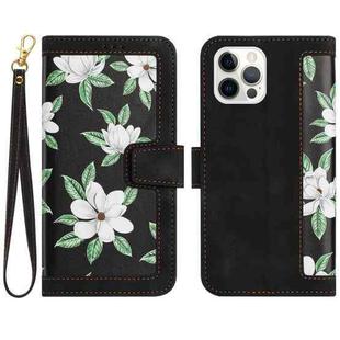 For iPhone 12 Pro Max Floral Pattern Leather Phone Case with Lanyard(Black)