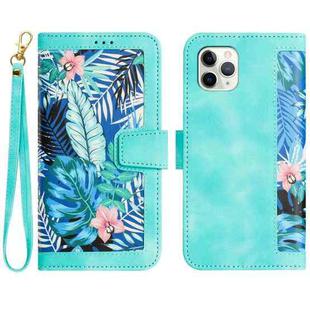 For iPhone 11 Pro Max Floral Pattern Leather Phone Case with Lanyard(Green)