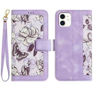 For iPhone 11 Floral Pattern Leather Phone Case with Lanyard(Light Purple)
