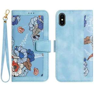 For iPhone XS / X Floral Pattern Leather Phone Case with Lanyard(Light Blue)