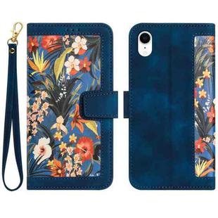 For iPhone XR Floral Pattern Leather Phone Case with Lanyard(Dark Blue)