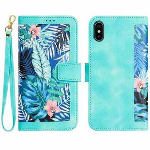 For iPhone XS Max Floral Pattern Leather Phone Case with Lanyard(Green)