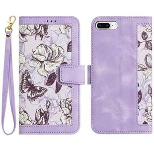 For iPhone 8 Plus / 7 Plus Floral Pattern Leather Phone Case with Lanyard(Light Purple)