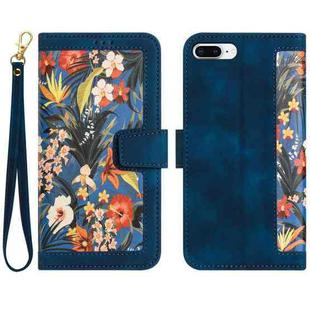 For iPhone 8 Plus / 7 Plus Floral Pattern Leather Phone Case with Lanyard(Dark Blue)