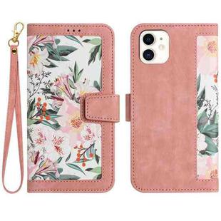 For iPhone 12 mini Floral Pattern Leather Phone Case with Lanyard(Pink)