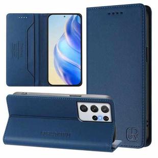 For Samsung Galaxy S21 Ultra 5G RC01 Dual-Folded Magnetic Suction RFID Leather Phone Case(Dark Blue)