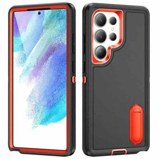 For Samsung Galaxy S25 Ultra 5G Rugged PC Hybrid Silicone Phone Case with Holder(Black+Orange)