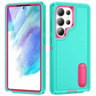 For Samsung Galaxy S25 Ultra 5G Rugged PC Hybrid Silicone Phone Case with Holder(Light Green+Rose Red)