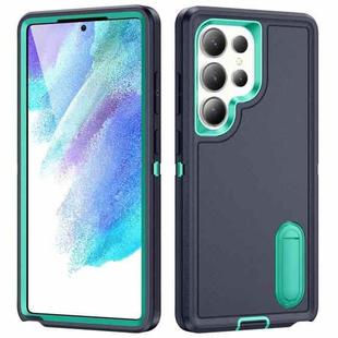 For Samsung Galaxy S25 Ultra 5G Rugged PC Hybrid Silicone Phone Case with Holder(Dark Blue+Light Green)