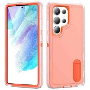 For Samsung Galaxy S25 Ultra 5G Rugged PC Hybrid Silicone Phone Case with Holder(Transparent+Orange)