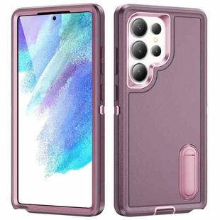 For Samsung Galaxy S25 Ultra 5G Rugged PC Hybrid Silicone Phone Case with Holder(Purple+Pink)