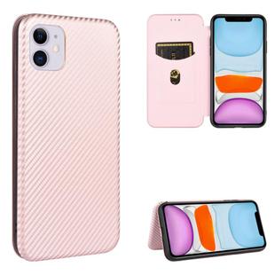 For iPhone 11 Carbon Fiber Texture Horizontal Flip TPU + PC + PU Leather Case with Card Slot(Pink)