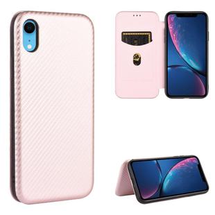 For iPhone XR Carbon Fiber Texture Horizontal Flip TPU + PC + PU Leather Case with Card Slot(Pink)