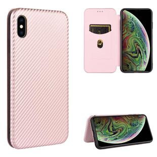 For iPhone XS Max Carbon Fiber Texture Horizontal Flip TPU + PC + PU Leather Case with Card Slot(Pink)